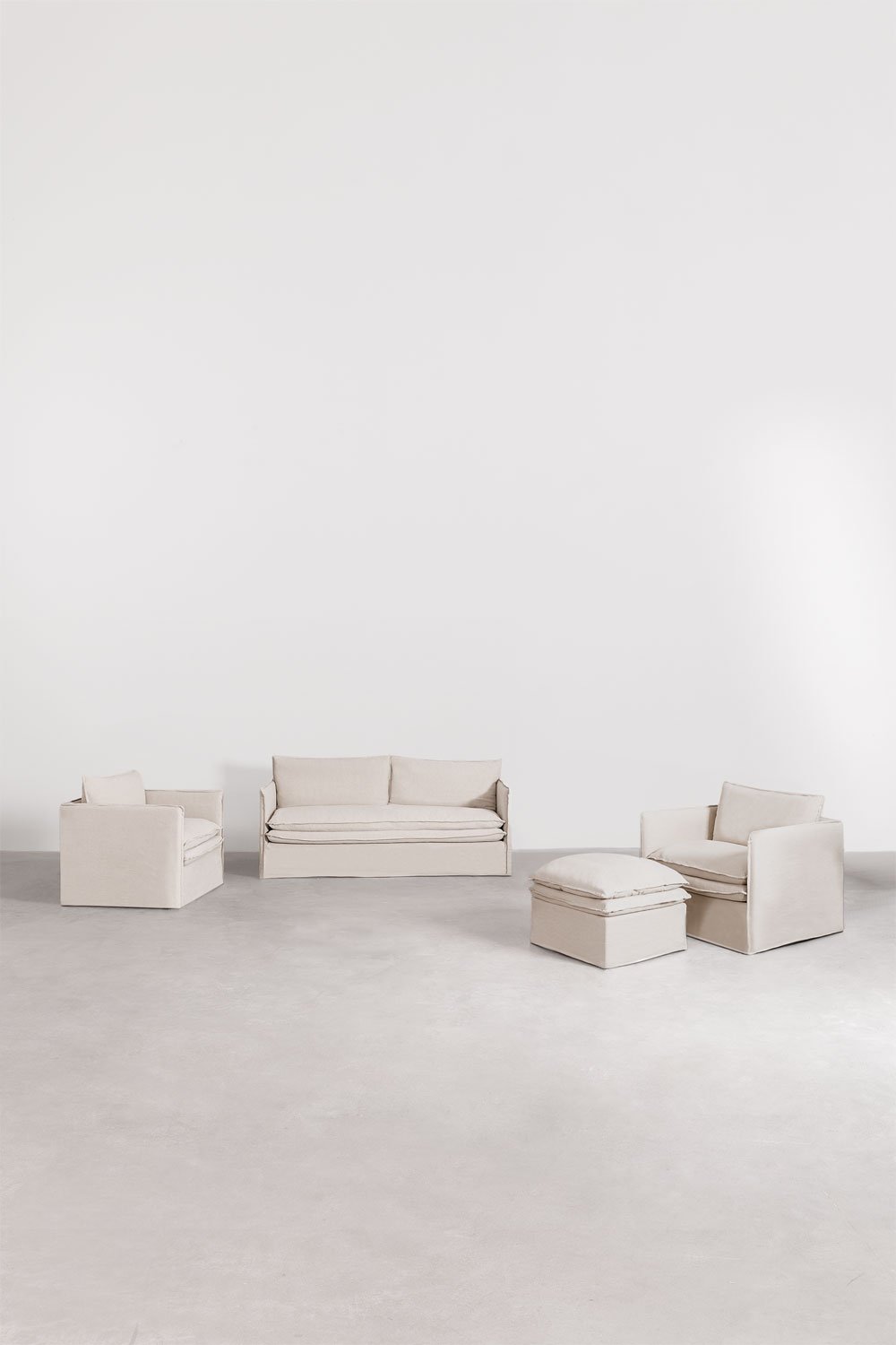 Woonkamerset met een 3-zitsbank, 2 fauteuils en een poef in linnen en katoen Grace, galerij beeld 1