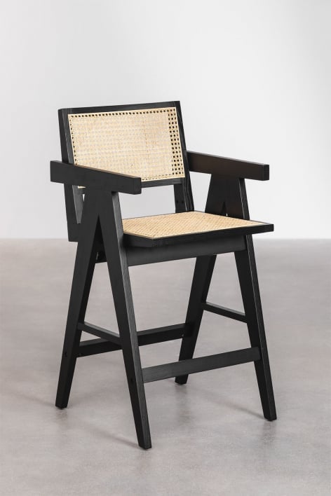 Set van 2 hoge krukken 65 cm van zwart essenhout en rotan Lali