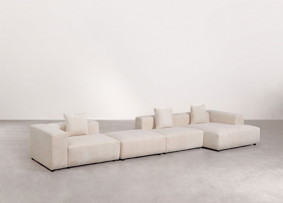 Modulaire bank met chaise longue rechts, 3-delig met hoge armleuning en poef ↔︎480 cm Bruna - Corduroy Beige – linnen