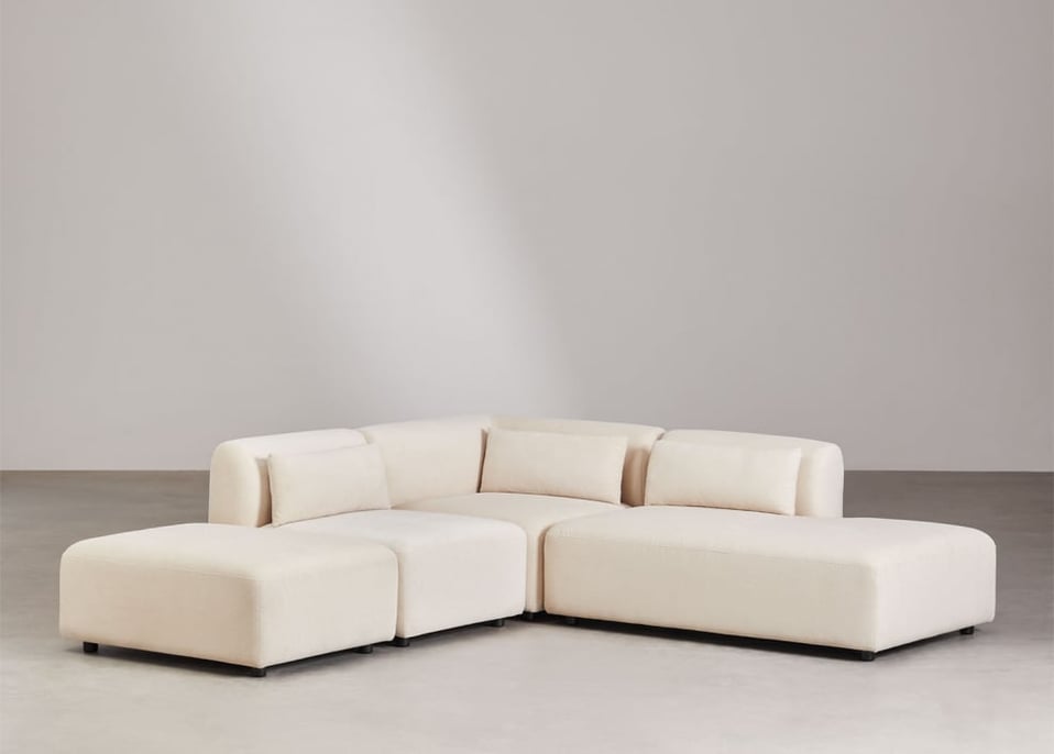 3-delige modulaire hoekbank met chaise longue rechts en Fogler poef - Corduroy Beige – linnen