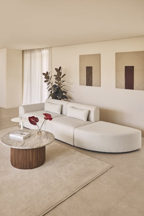 2-delige modulaire hoekbank links met driehoekige poef in Borjan shearling - Chenille White