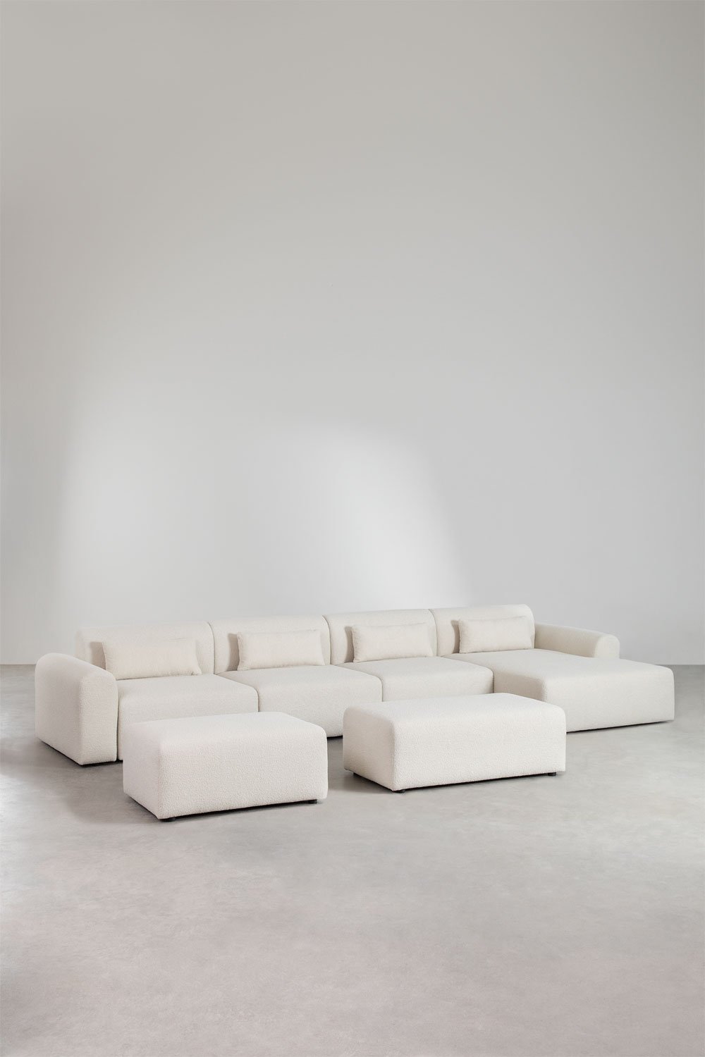 Modulaire bank met chaise longue rechts, 4-delig, 2 poefs in teddystof Borjan, galerij beeld 1