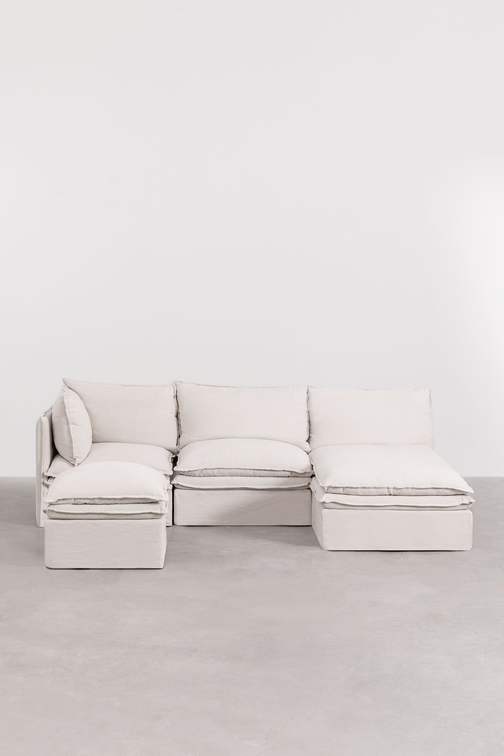 Modulaire 3-delige chaise longue bank en poef van linnen en katoen Grace, galerij beeld 4