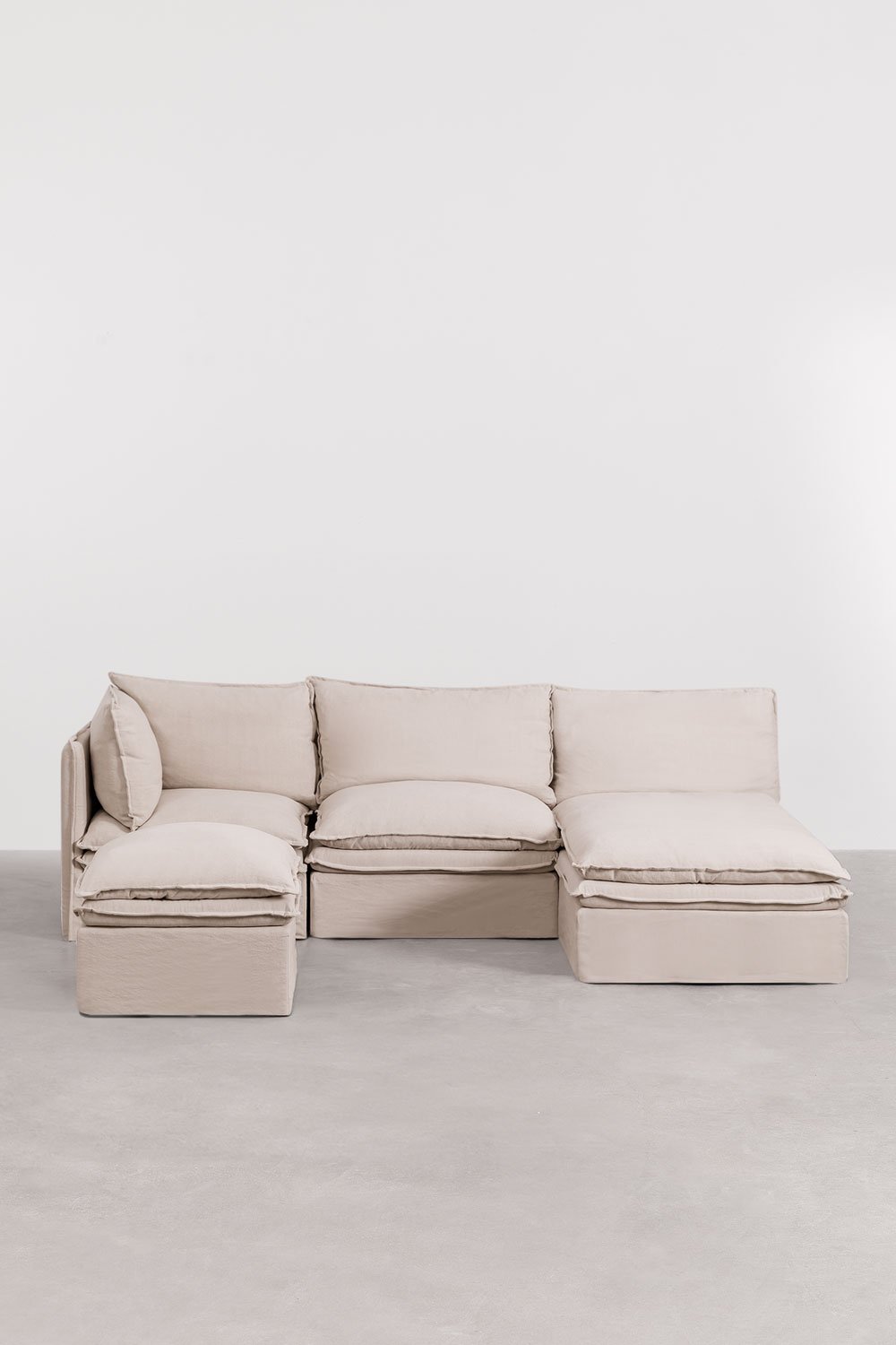 Modulaire 3-delige chaise longue bank en poef van linnen en katoen Grace, galerij beeld 3