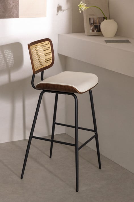 Hoge kruk 75 cm van donker hout, rotan en gebroken wit kunstleer Raysa - Kunstleren Gebroken Wit 