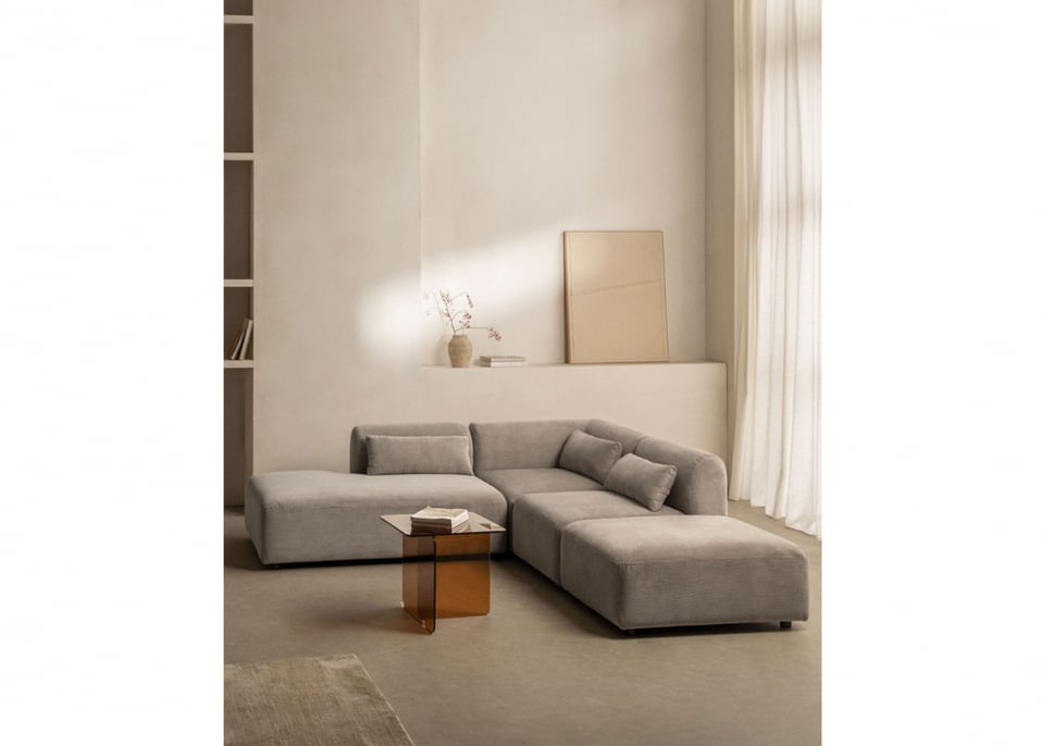 3-delige modulaire hoekbank met chaise longue rechts en Fogler poef