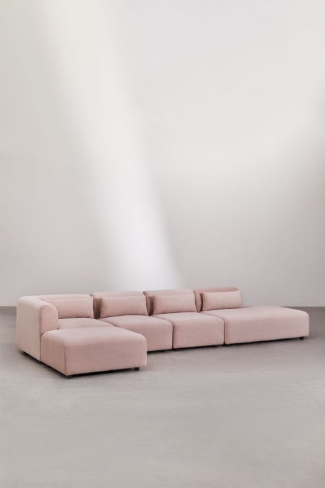 4-delige modulaire hoekbank met chaise longue rechts en Fogler poef - Corduroy Roze wijn