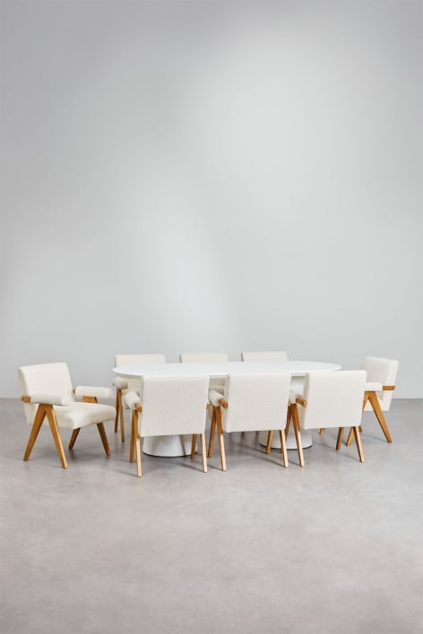 Set van ovale tafel 220x95 cm in cement Noemi en 8 eetkamerstoelen in hout en bouclé stof Lucca
