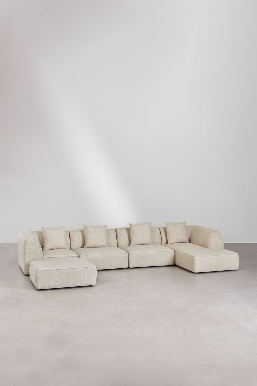 Modulaire bank met chaise longue rechts, 4-delig met poef in bouclé stof Cardea, galerij beeld 2