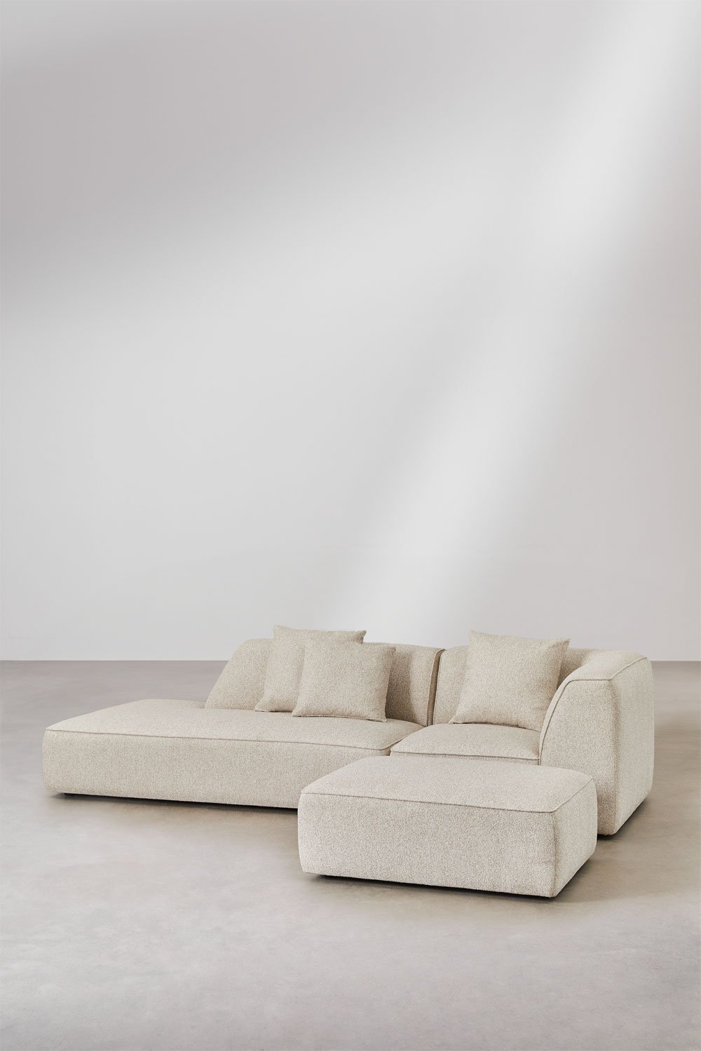 2-delige modulaire hoekbank met linkerchaise longue en poef in bouclé stof Cardea, galerij beeld 1