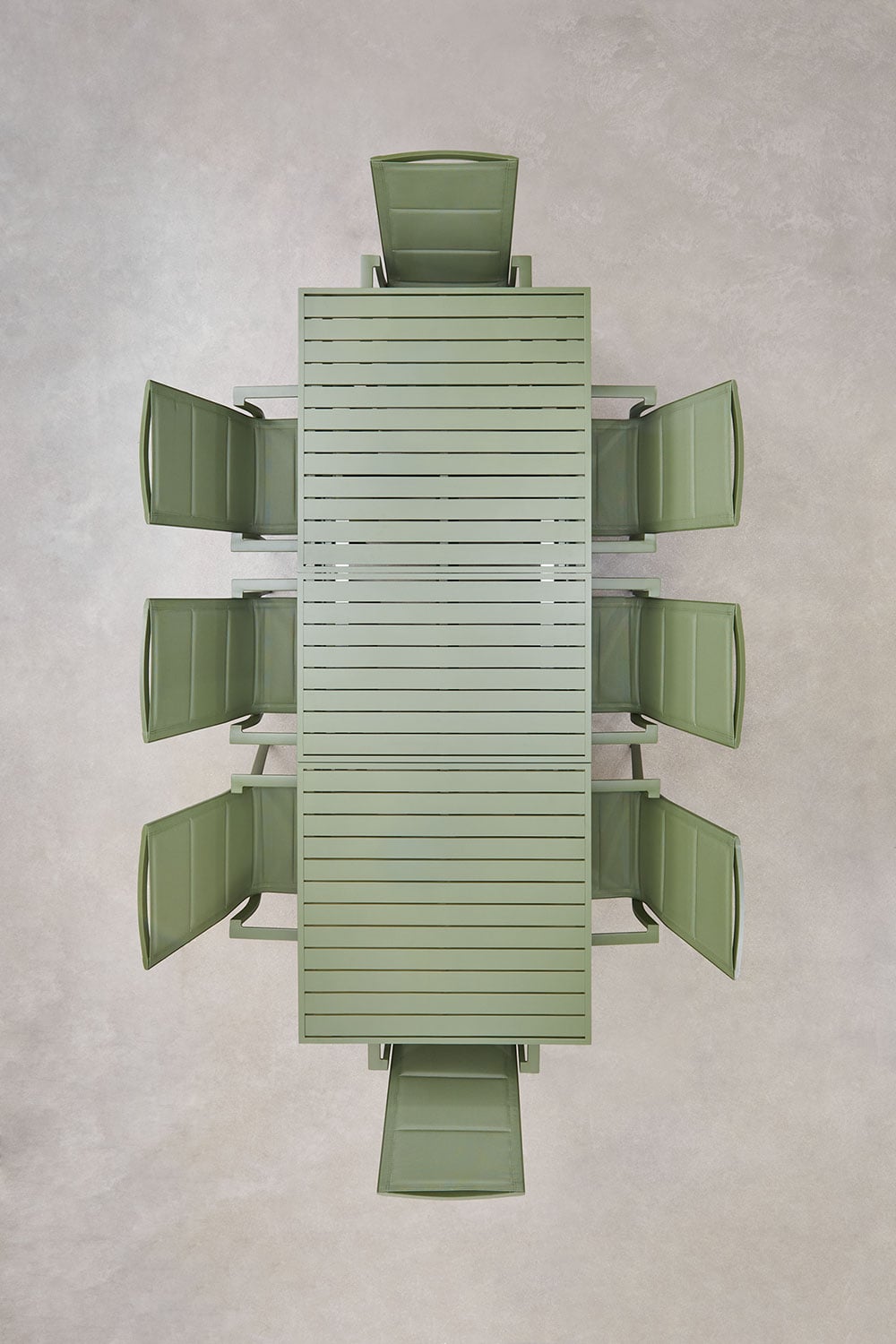 Uitschuifbare rechthoekige tafel 180-240x90 cm en 8 stapelbare tuinstoelen met armleuningen van aluminium Karena, galerij beeld 3