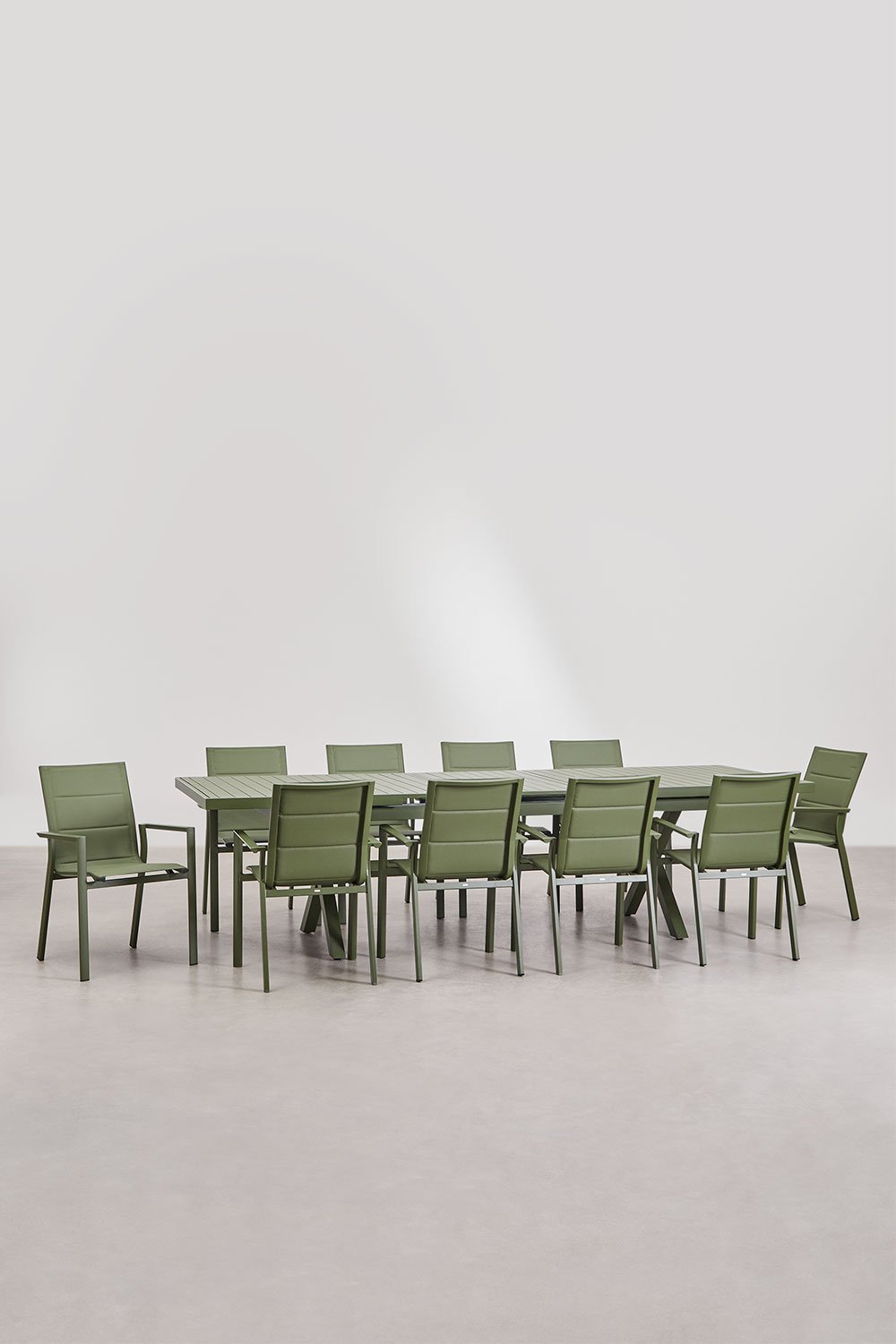 Uitschuifbare rechthoekige eettafel 240-300x100 cm en 10 stapelbare tuinstoelen met armleuningen van aluminium Karena, galerij beeld 2