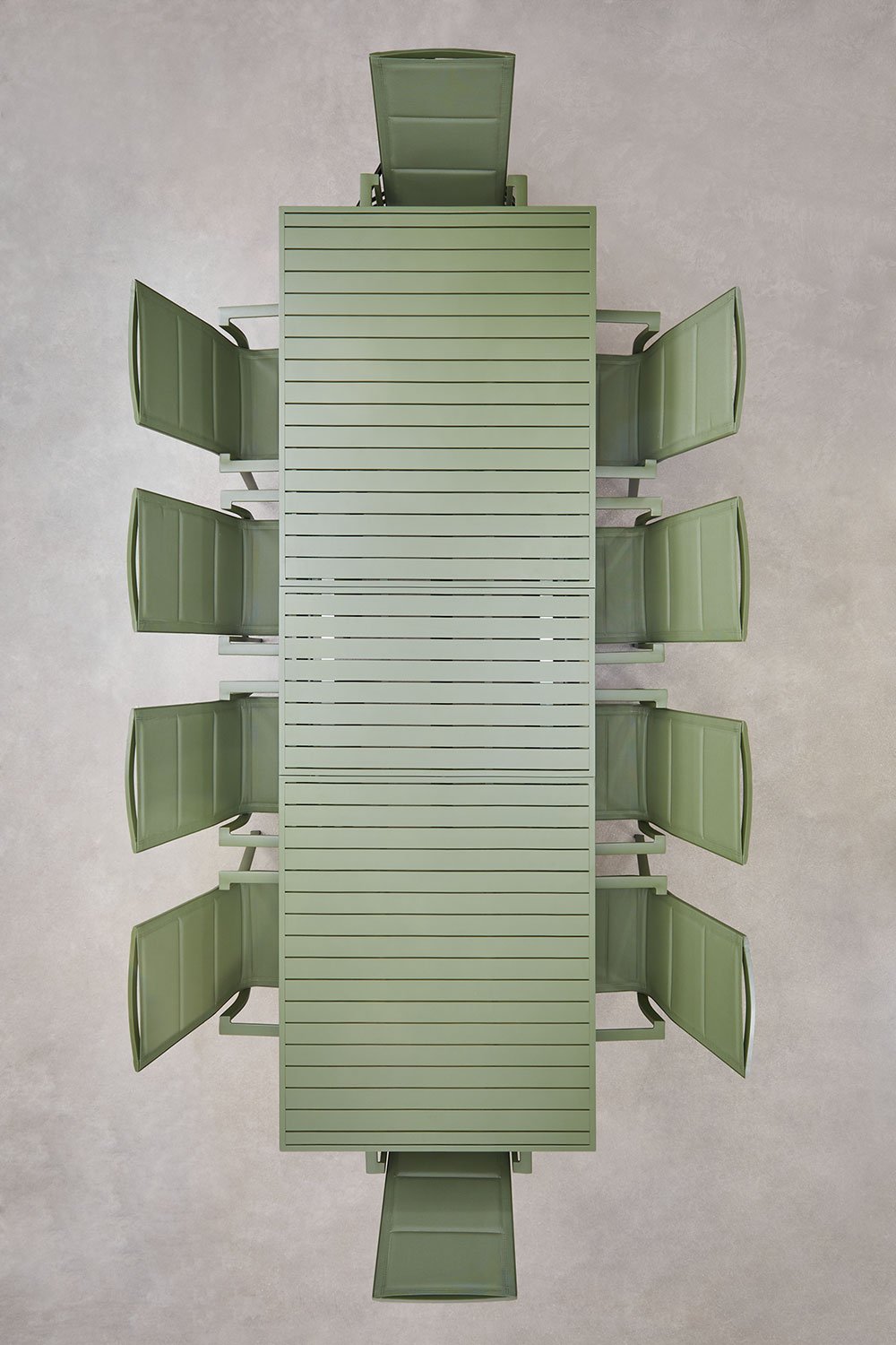 Uitschuifbare rechthoekige eettafel 240-300x100 cm en 10 stapelbare tuinstoelen met armleuningen van aluminium Karena, galerij beeld 3