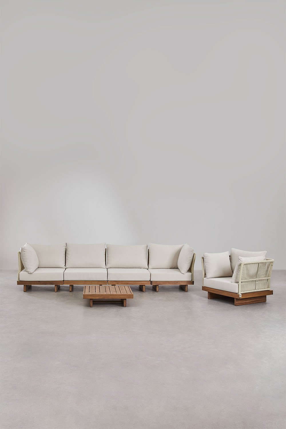 Dailin 4-delige modulaire bankset met 2 hoekstoelen, salontafel en fauteuil in acaciahout, galerij beeld 3