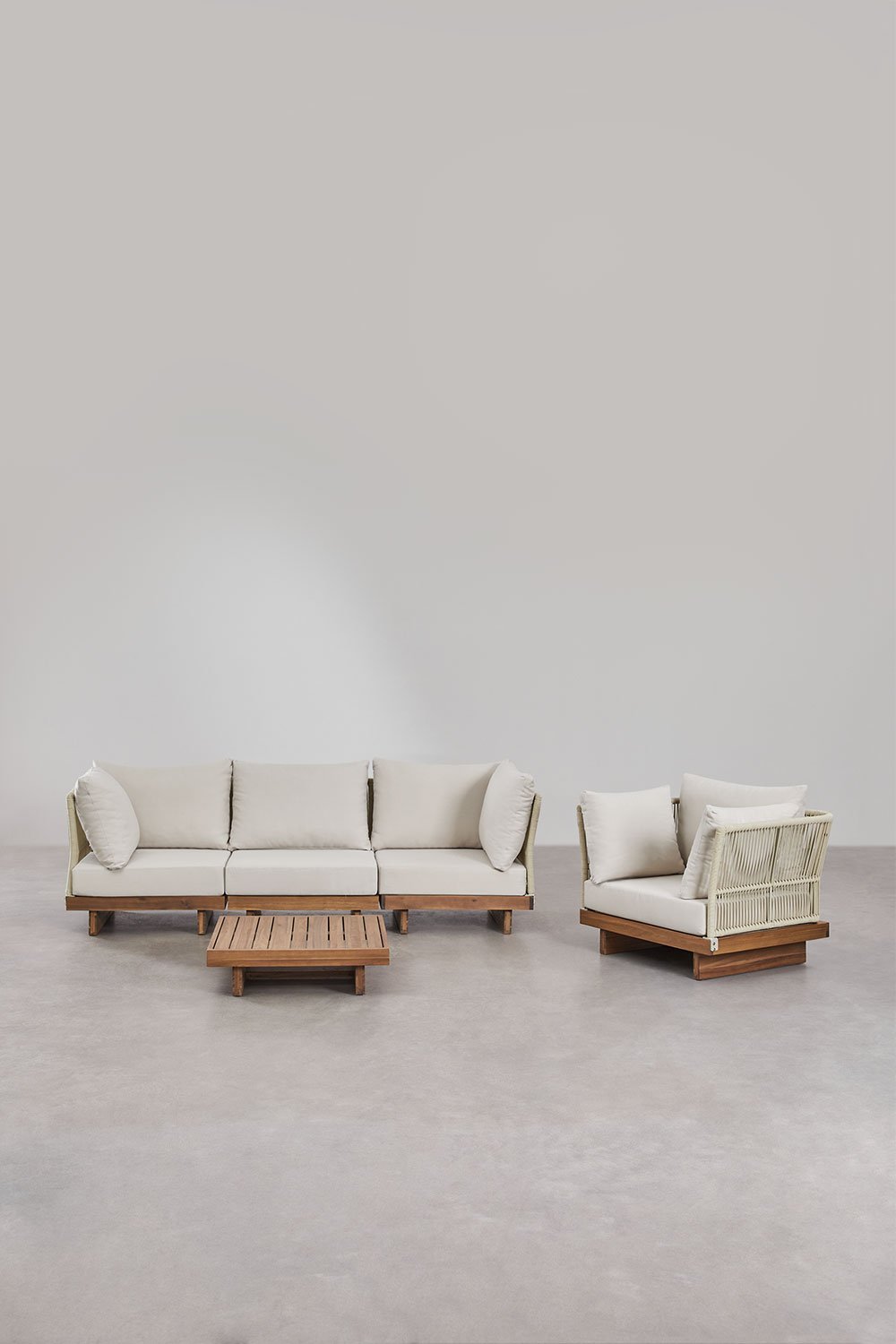 Dailin 3-delige modulaire bankset met 2 hoekstoelen, salontafel en fauteuil in acaciahout, galerij beeld 3