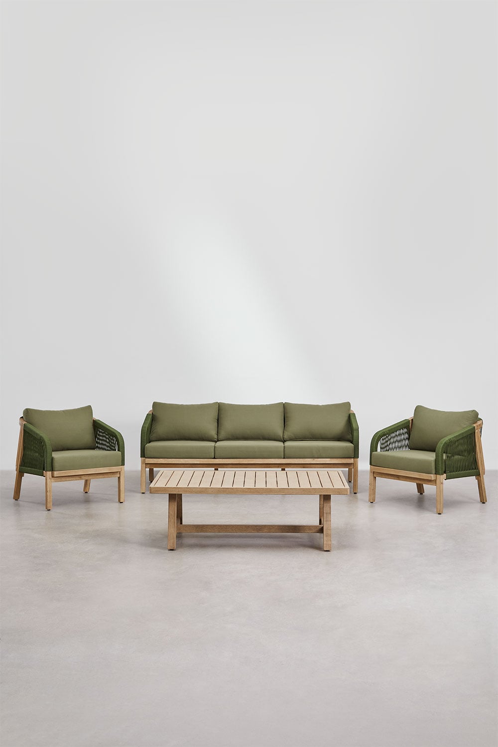 Woonkamerset met 3-zitsbank, 2 fauteuils en salontafel van acaciahout Dubai, galerij beeld 1