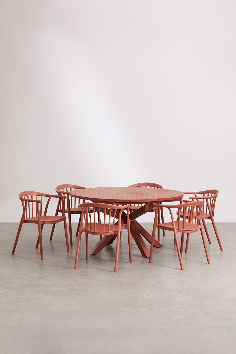 Set van 145-200x145 cm ronde uitschuifbare tafel in Barces aluminium en 6 stapelbare tuinstoelen met Ivor armleuningen, galerij beeld 2