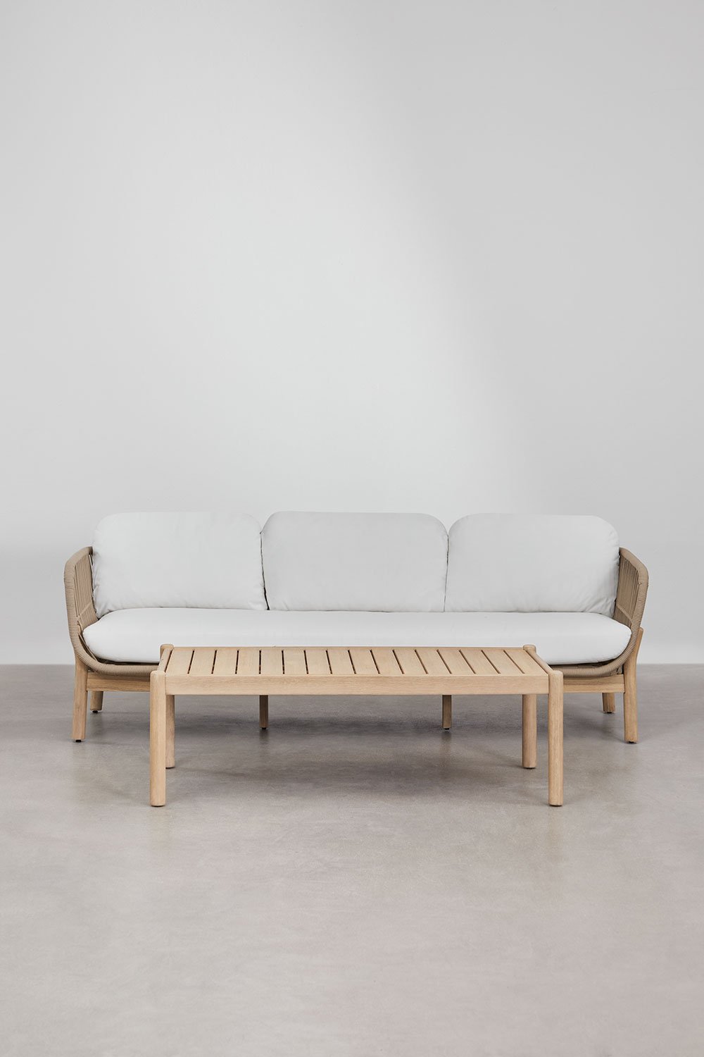 Tuinset met 3-zitsbank en rechthoekige salontafel 120x60 cm van aluminium en acaciahout Karvia, galerij beeld 2