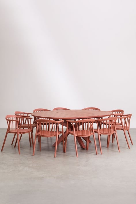 Set van 145-200x145 cm ronde uitschuifbare tafel in Barces aluminium en 10 stapelbare tuinstoelen met Ivor armleuningen