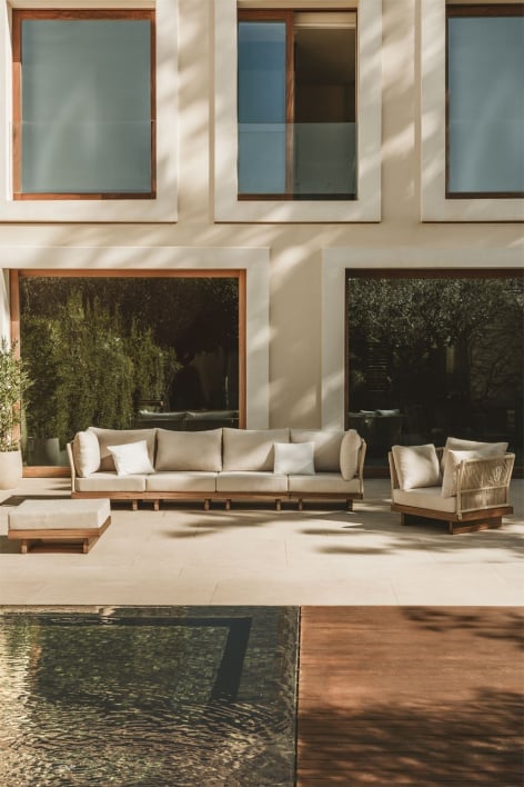Tuinset met modulaire 4-delige bank met 2 hoekfauteuils, fauteuil en poef van acaciahout Dailin