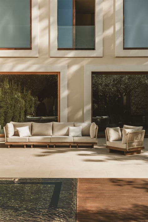 Tuinset met modulaire 4-delige bank met 2 hoekfauteuils en fauteuil in acaciahout Dailin