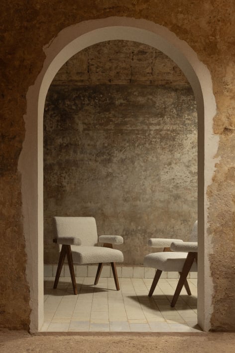 Lucca fauteuil in hout en boucléstof - Bouclé Wit