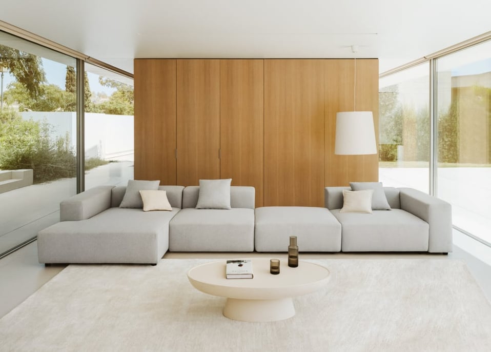 Modulaire bank met linker chaise longue, 3-delig met hoge armleuning en poef ↔︎480 cm Bruna - Stof Gris Glacial