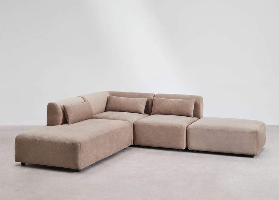3-delige modulaire hoekbank met chaise longue links en Fogler poef - Corduroy Kameelbruin