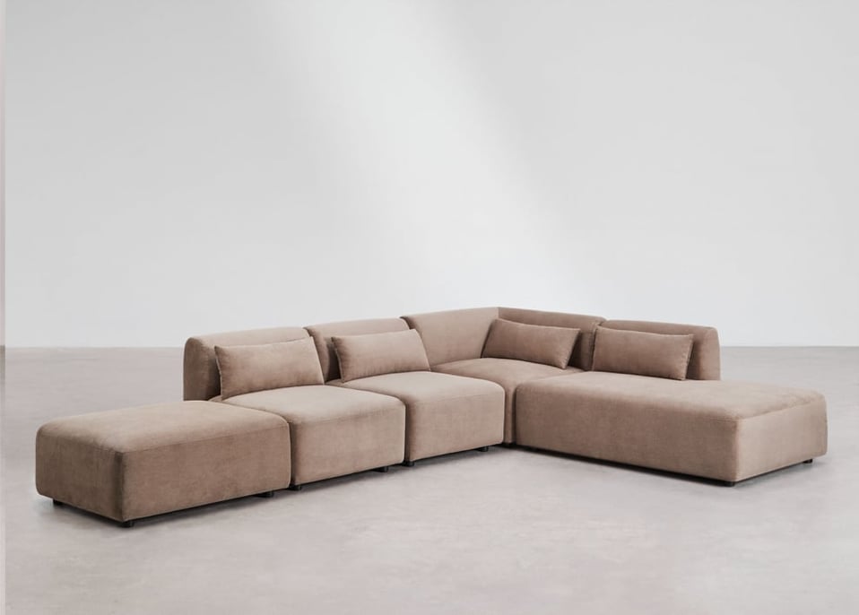 4-delige modulaire hoekbank met chaise longue rechts en Fogler poef - Corduroy Kameelbruin