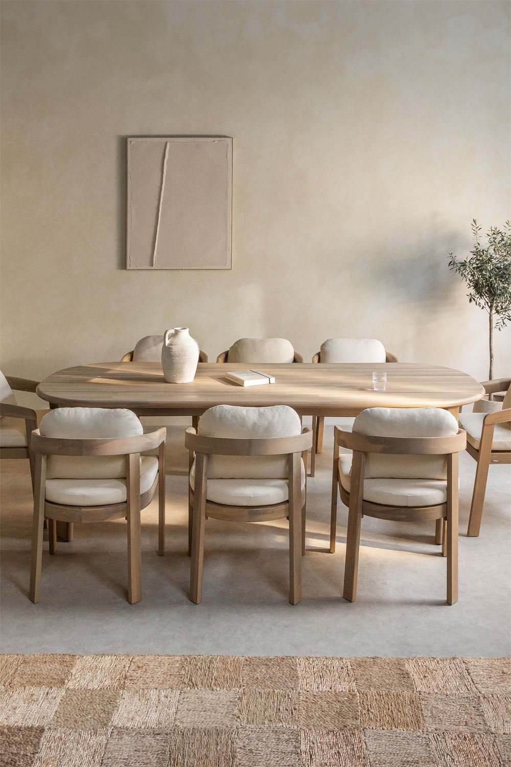 Rechthoekige tafelset 240x100 cm in acaciahout en 8 Uleno acaciahouten eetkamerstoelen, galerij beeld 1