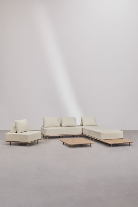 Woonkamerset met 3-delige modulaire bank, chaise longue, bijzettafel, fauteuil en salontafel 95x95 cm in Portet acacia