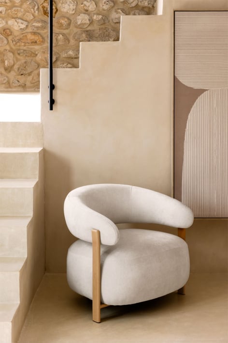 Jolie chenille stoffen fauteuil - Bruin – natuurlijk hout