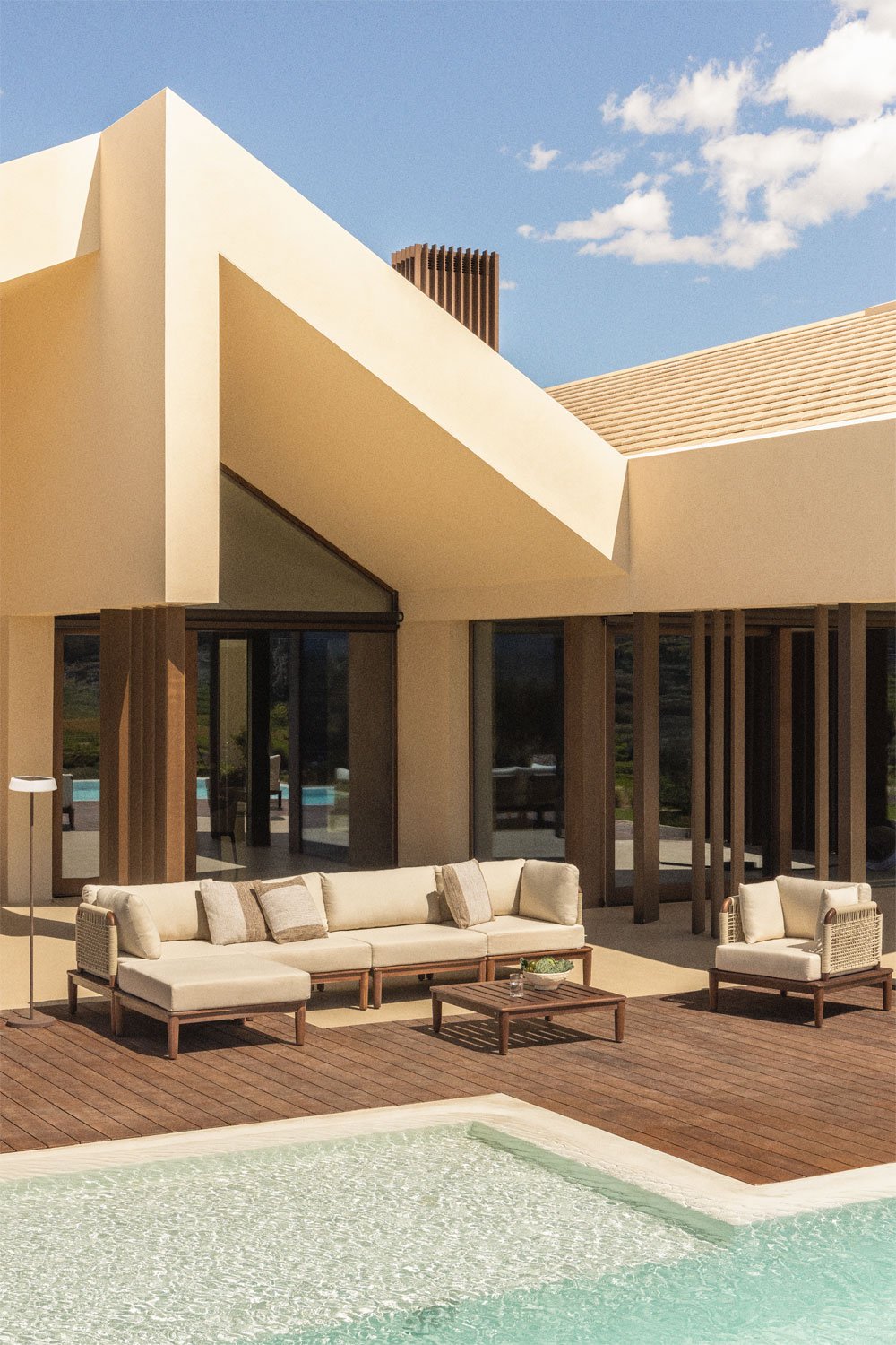 Tuinset met modulaire sofa 4-delig met 2 hoekfauteuils, salontafel, poef en fauteuil in acacia Giulia, galerij beeld 1