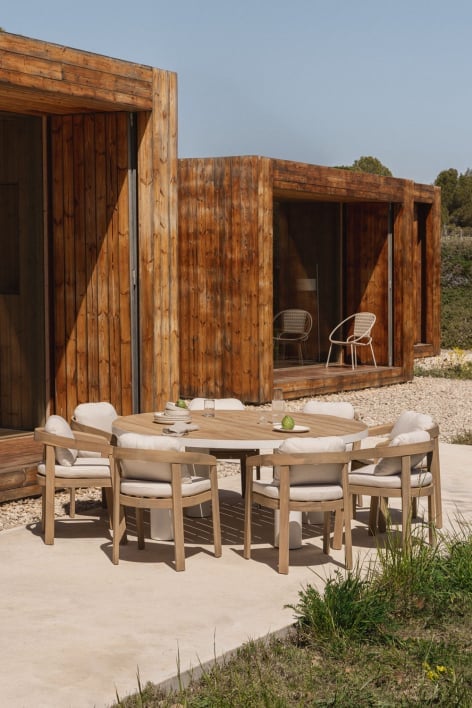 Ronde tafelset Riviera, Ø180 cm, van teakhout en aluminium, en 8 Uleno tuinstoelen van acaciahout.