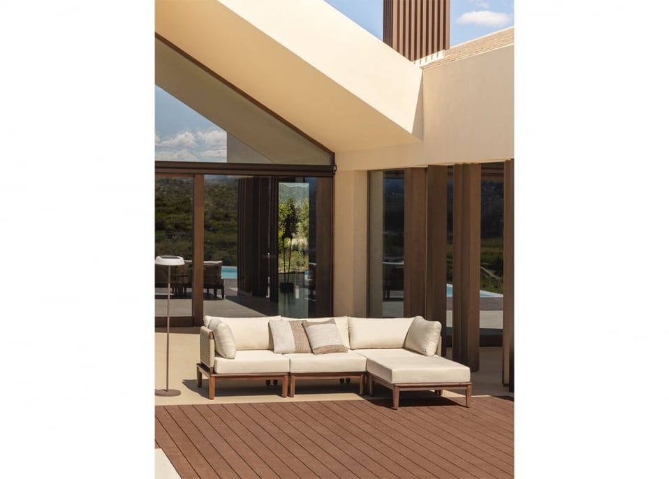 Giulia 3-delige modulaire tuinbank met 2 hoekfauteuils en poef in acacia