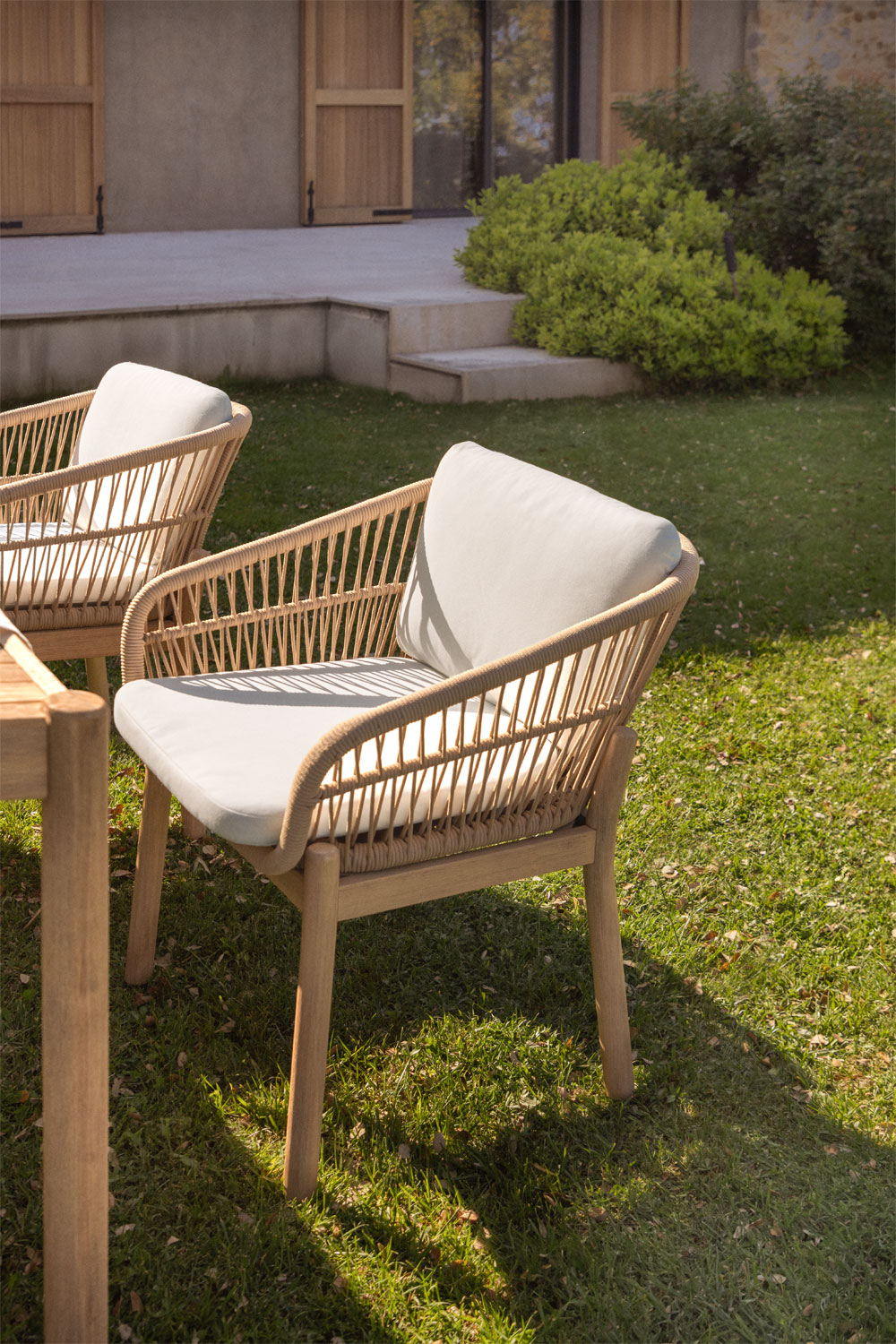 Set van 4 tuinstoelen met armleuningen van acaciahout en gevlochten ...