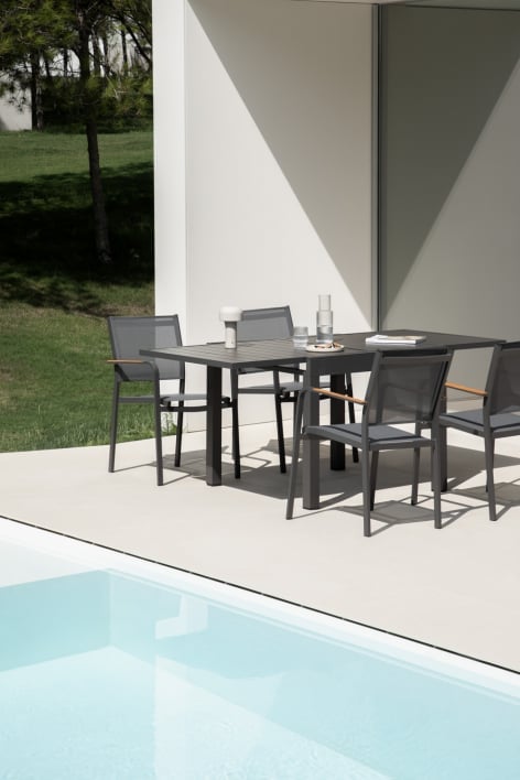 Set van rechthoekige tafel 90-180x90 cm uitschuifbaar in Starmi aluminium en 4 stapelbare Archer aluminium tuinstoelen