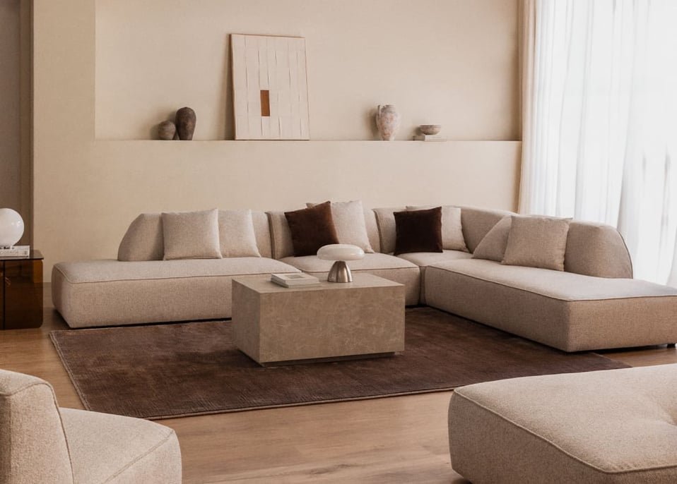 Cardea 4-delige modulaire hoekbank met dubbel gestoffeerde chaise longue - Crèmebeige boucléstof