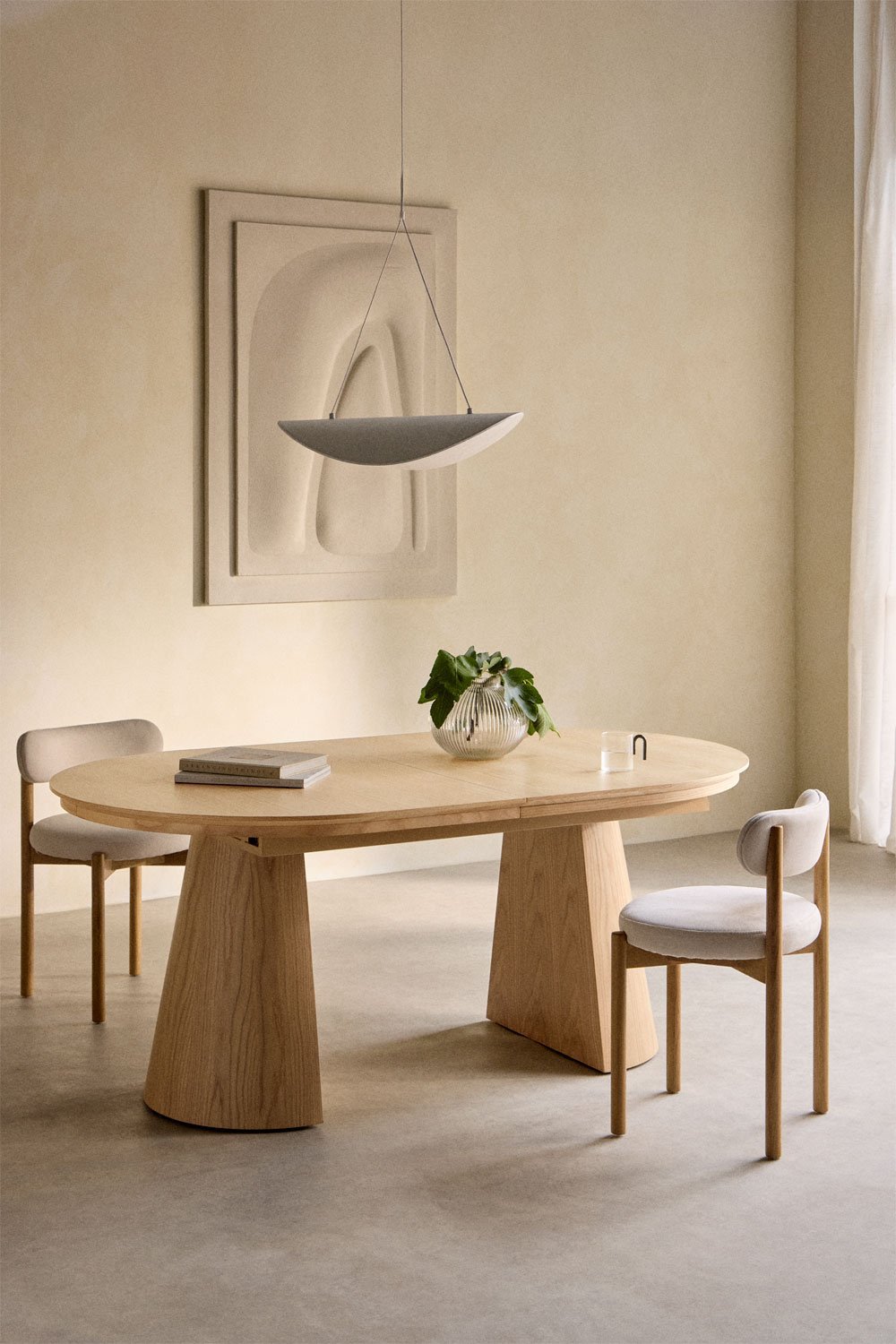Ovale eettafel 180-240x105 cm uitschuifbaar in MDF en Montana eiken fineer, galerij beeld 1