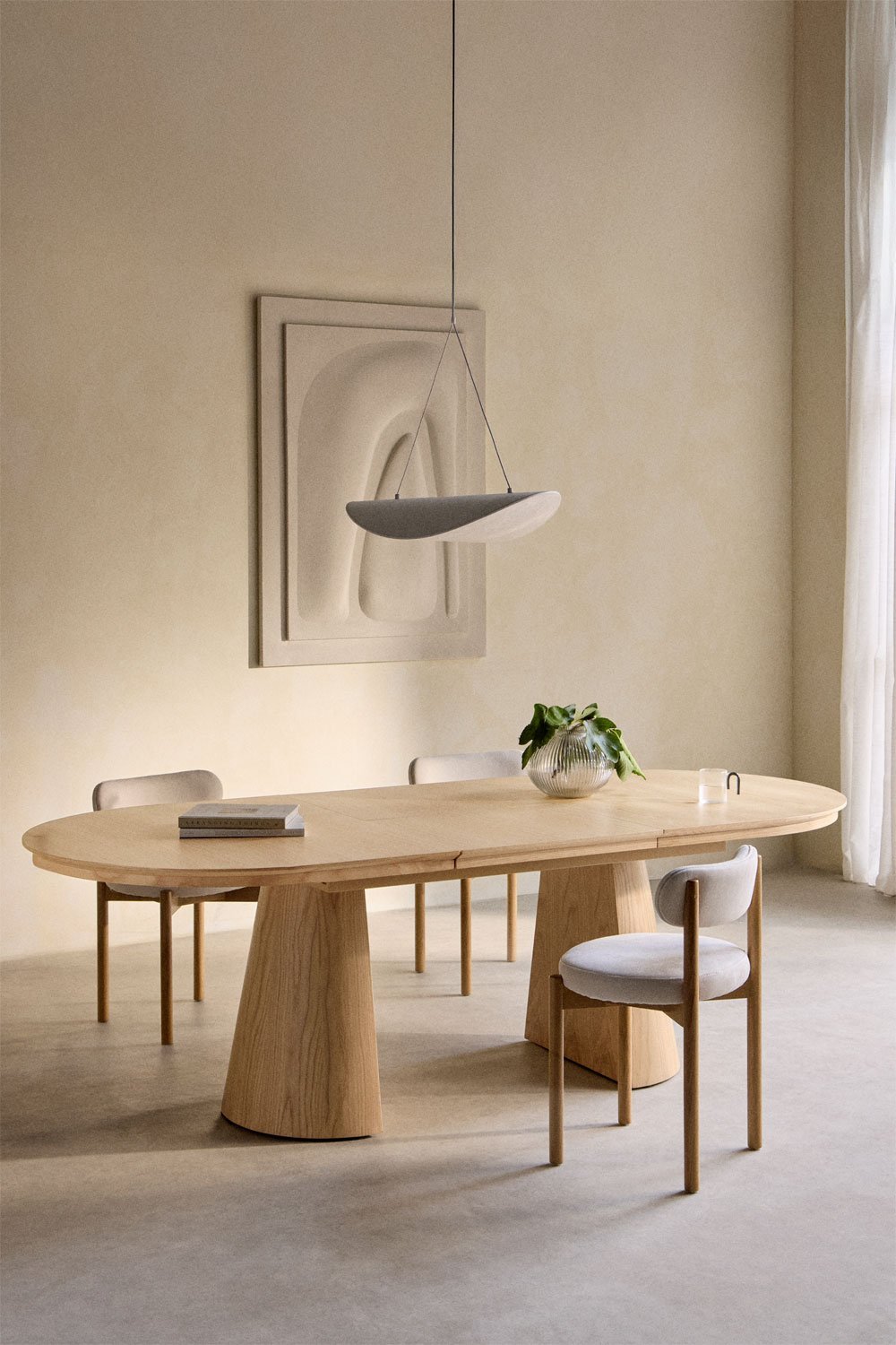Ovale eettafel 180-240x105 cm uitschuifbaar in MDF en Montana eiken fineer, galerij beeld 2