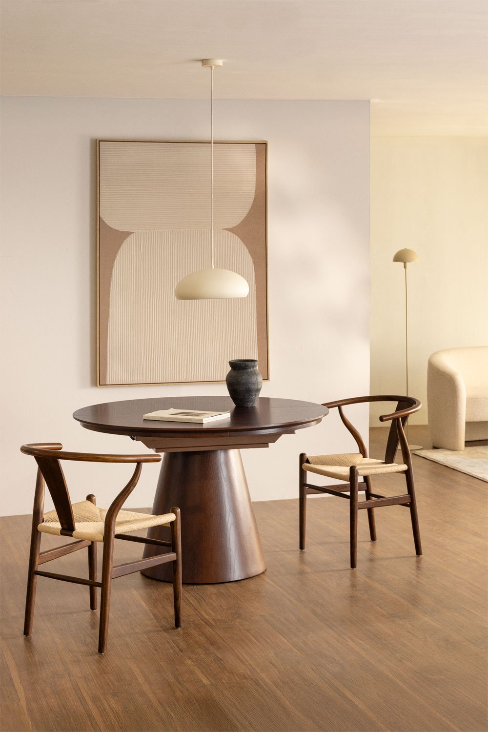 Ronde eettafel 120-160x120 cm uitschuifbaar in MDF en Montana eiken fineer, galerij beeld 1