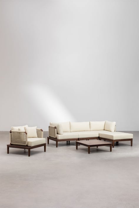 Woonkamer set met modulaire 3-delige bank met 2 hoekfauteuils, poef, fauteuil en salontafel in acacia Giulia