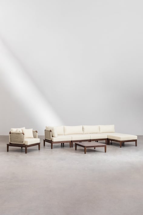 Woonkamer set met modulaire hoekbank van 4 delen, salontafel, poef en fauteuil in acacia Giulia