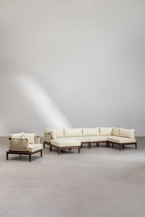Woonkamer set met 5-delige modulaire hoekbank met poef en fauteuil in acacia Giulia
