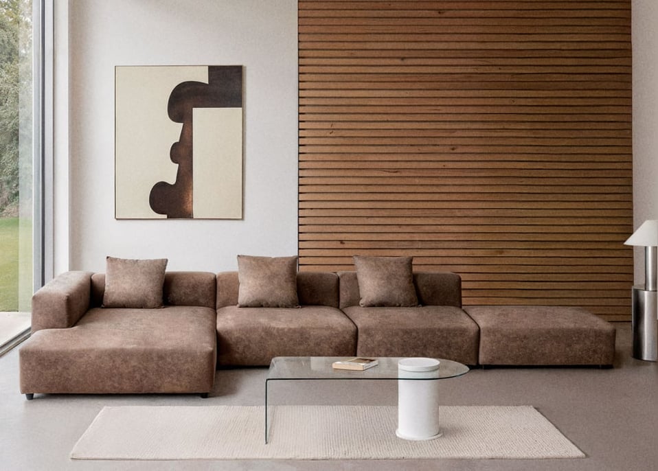 Bruna modulaire hoekbank met chaise longue links, 3-delig met poef ↔︎450 cm