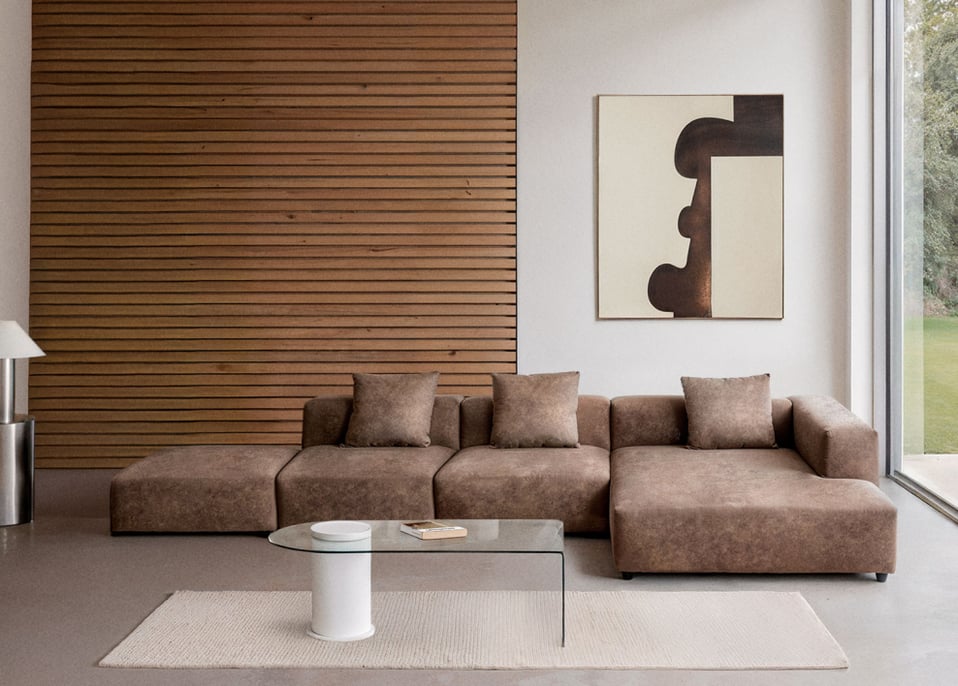 Bruna modulaire hoekbank met chaise longue rechts, 3-delig met poef ↔︎390 cm