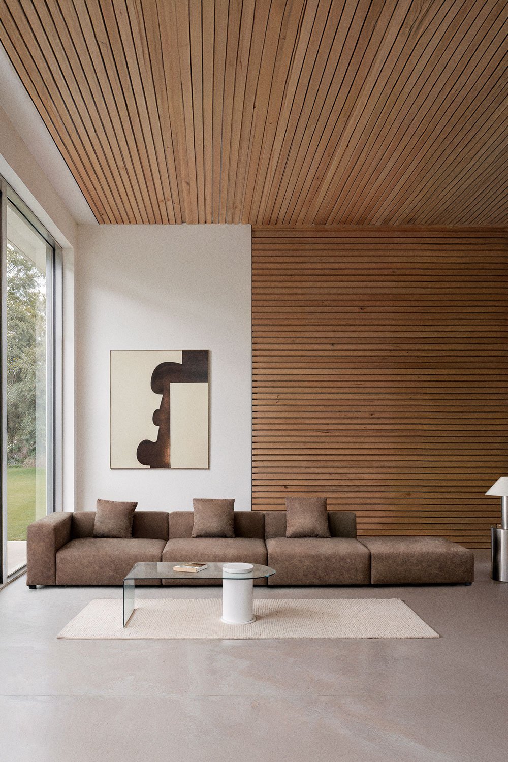 Bruna modulaire hoekbank links met 3 delen met hoge armleuning en poef ↔︎450 cm, galerij beeld 1