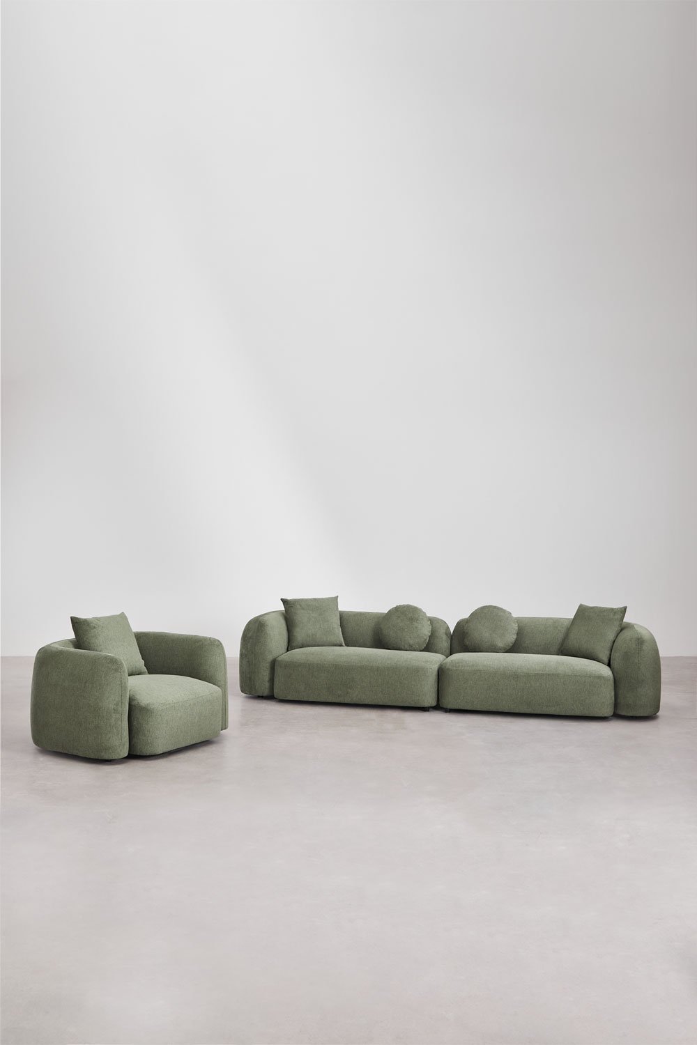 Woonkamer set met 2-delige modulaire bank en fauteuil in Coco chenille, galerij beeld 3