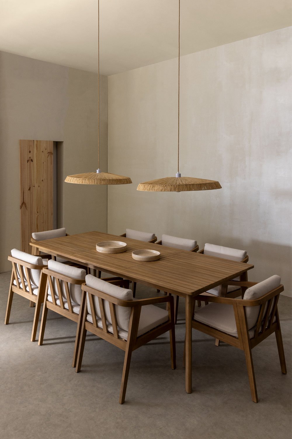 Rechthoekige eettafelset 220x100 cm met 8 eetkamerstoelen van acaciahout Kaela, galerij beeld 9