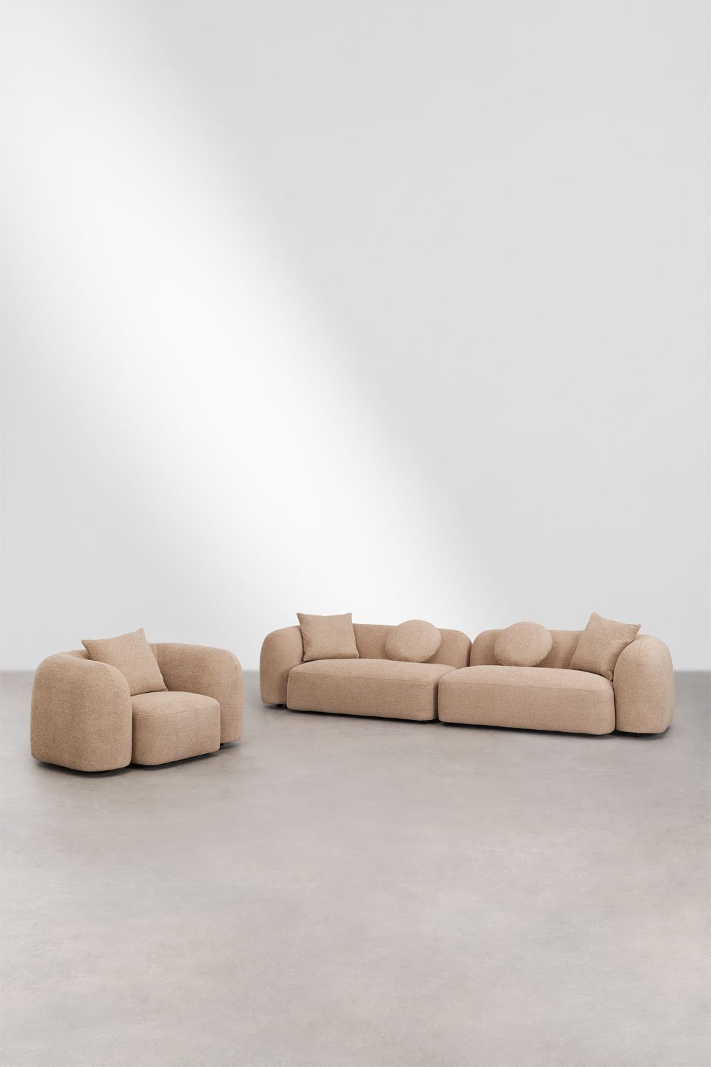 Woonkamer set met 2-delige modulaire bank en fauteuil in Coco chenille, galerij beeld 1